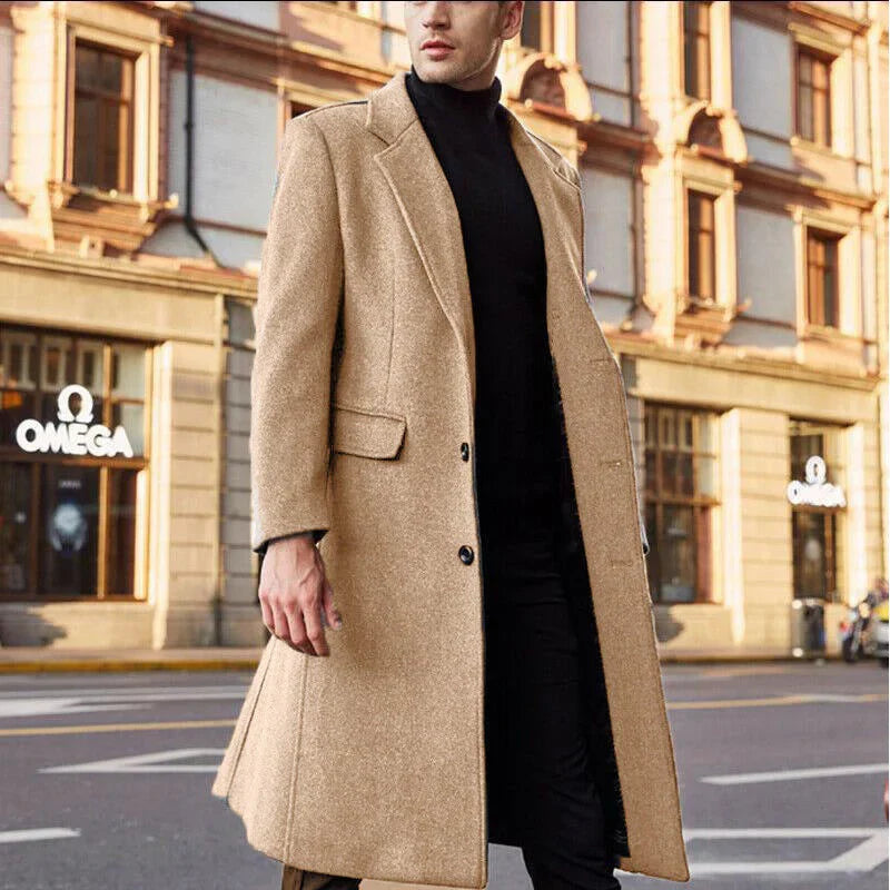 Men’s Coat – Tailored Fit – Wool Blend – Notched Lapel – Knee Length Formal Style