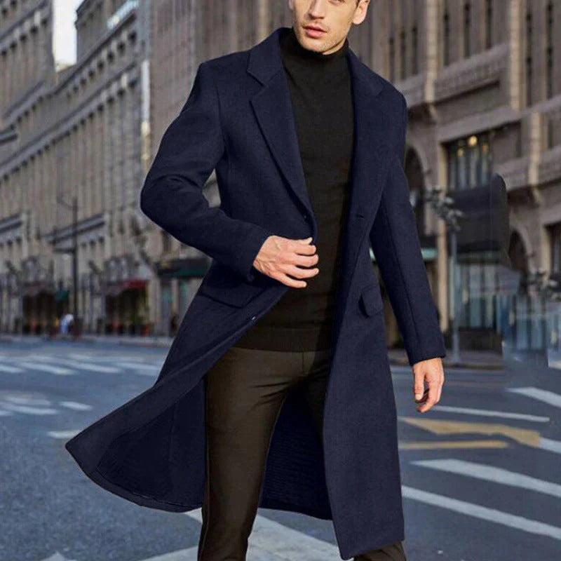 Men’s Coat – Tailored Fit – Wool Blend – Notched Lapel – Knee Length Formal Style