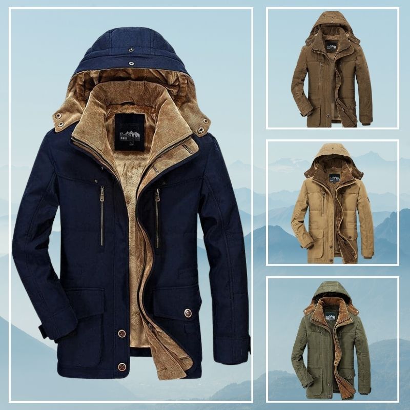 Men's Parka Jacket - Warm Fleece Lining - Detachable Hood - Zipper & Button Closure
