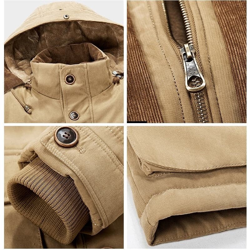 Men's Parka Jacket - Warm Fleece Lining - Detachable Hood - Zipper & Button Closure