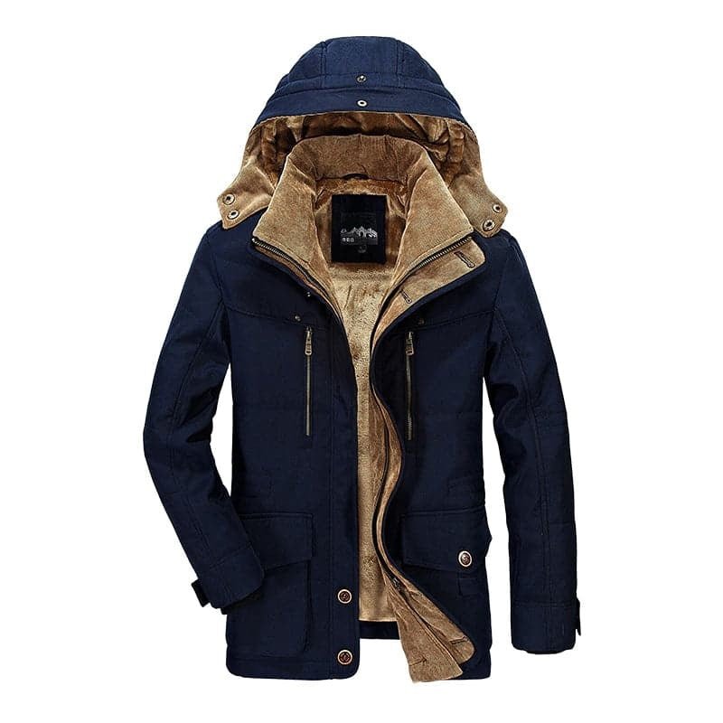 Men's Parka Jacket - Warm Fleece Lining - Detachable Hood - Zipper & Button Closure