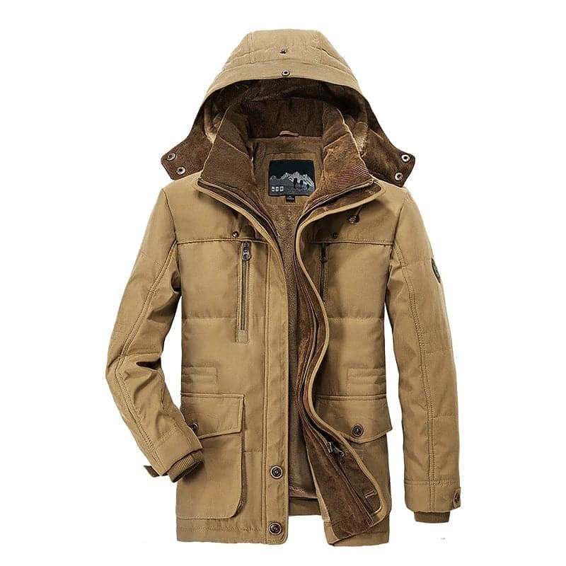 Men's Parka Jacket - Warm Fleece Lining - Detachable Hood - Zipper & Button Closure
