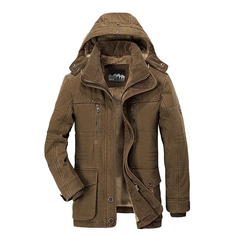 Men's Parka Jacket - Warm Fleece Lining - Detachable Hood - Zipper & Button Closure