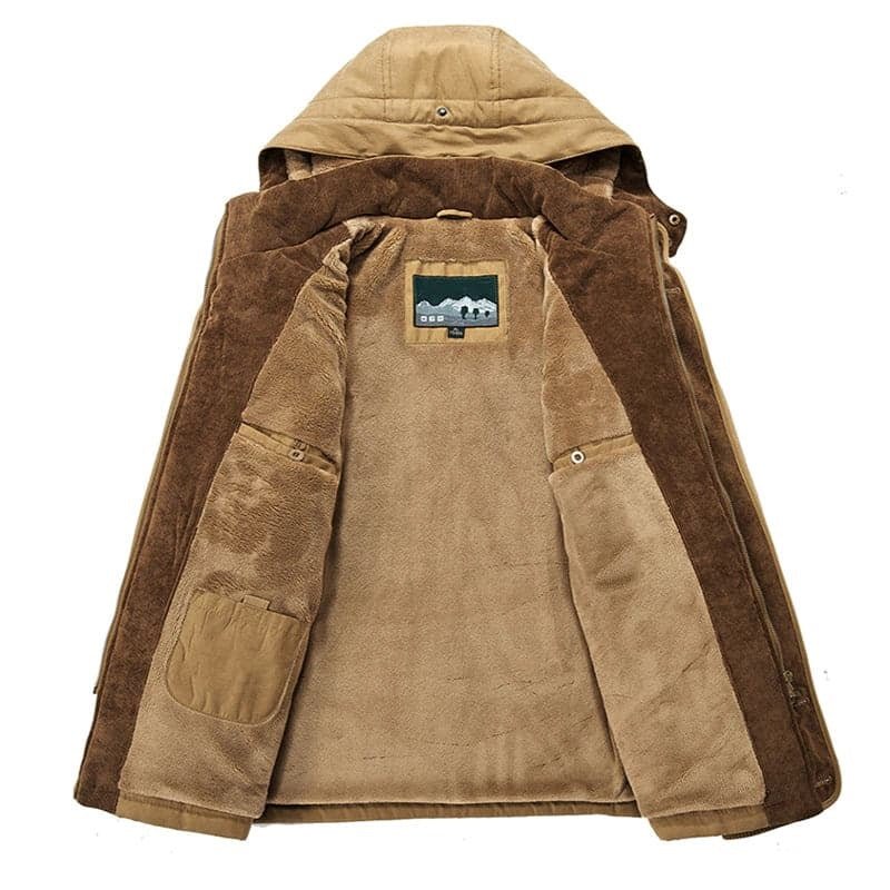 Men's Parka Jacket - Warm Fleece Lining - Detachable Hood - Zipper & Button Closure