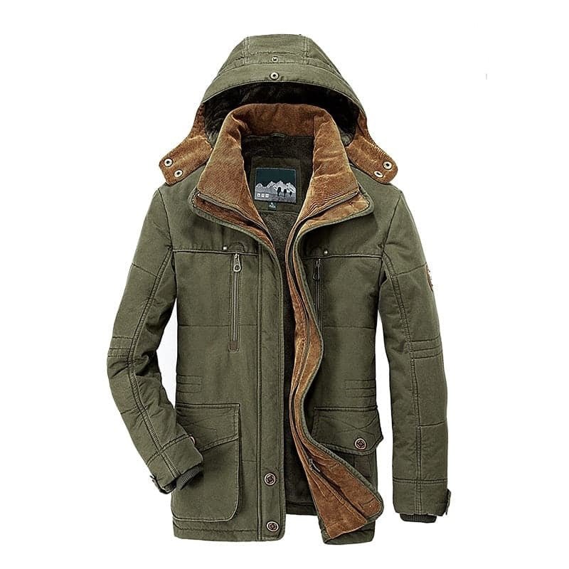 Men's Parka Jacket - Warm Fleece Lining - Detachable Hood - Zipper & Button Closure