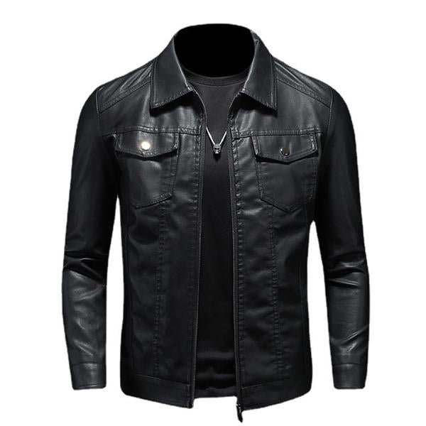 Men’s Biker Jacket – Leather – Structured Fit – Full Zip – Chest Flap Pockets