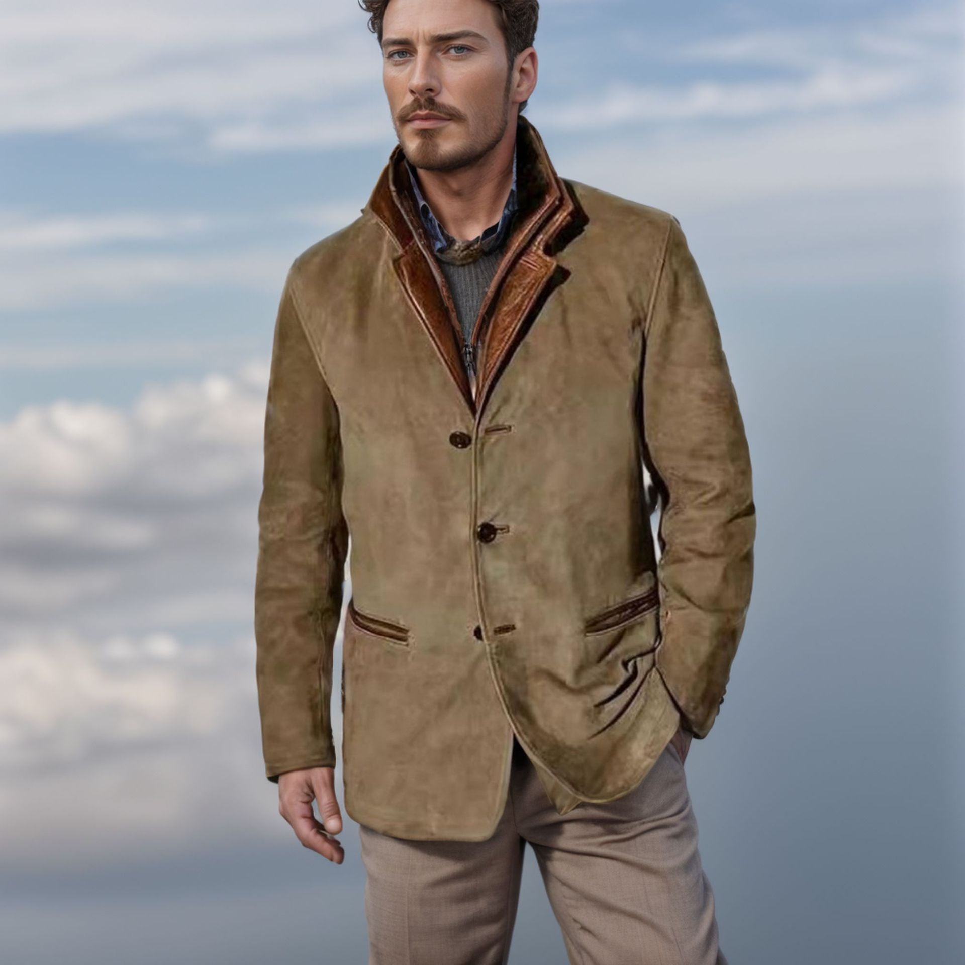 Men’s Suede Jacket – Structured Fit – Leather Trim – Classic Notched Lapel Design