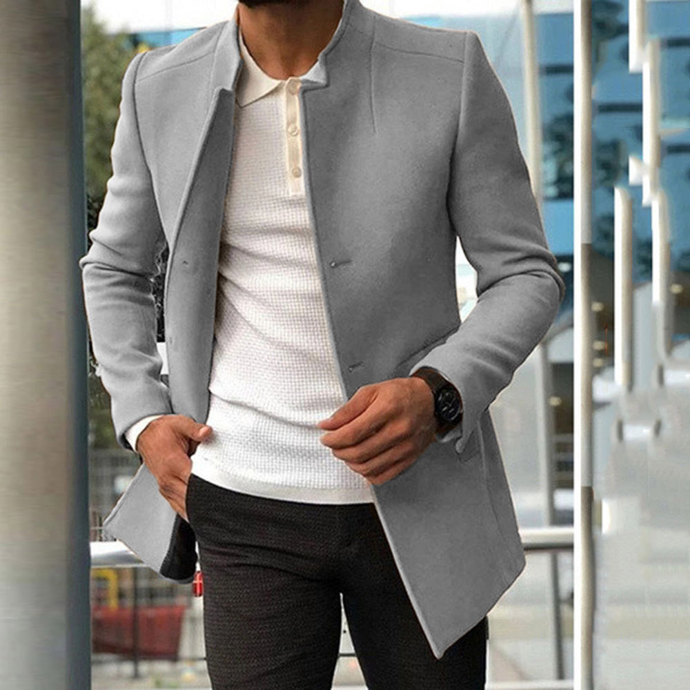 Men’s Overcoat - Tailored Fit - Stand Collar - Hidden Button Closure
