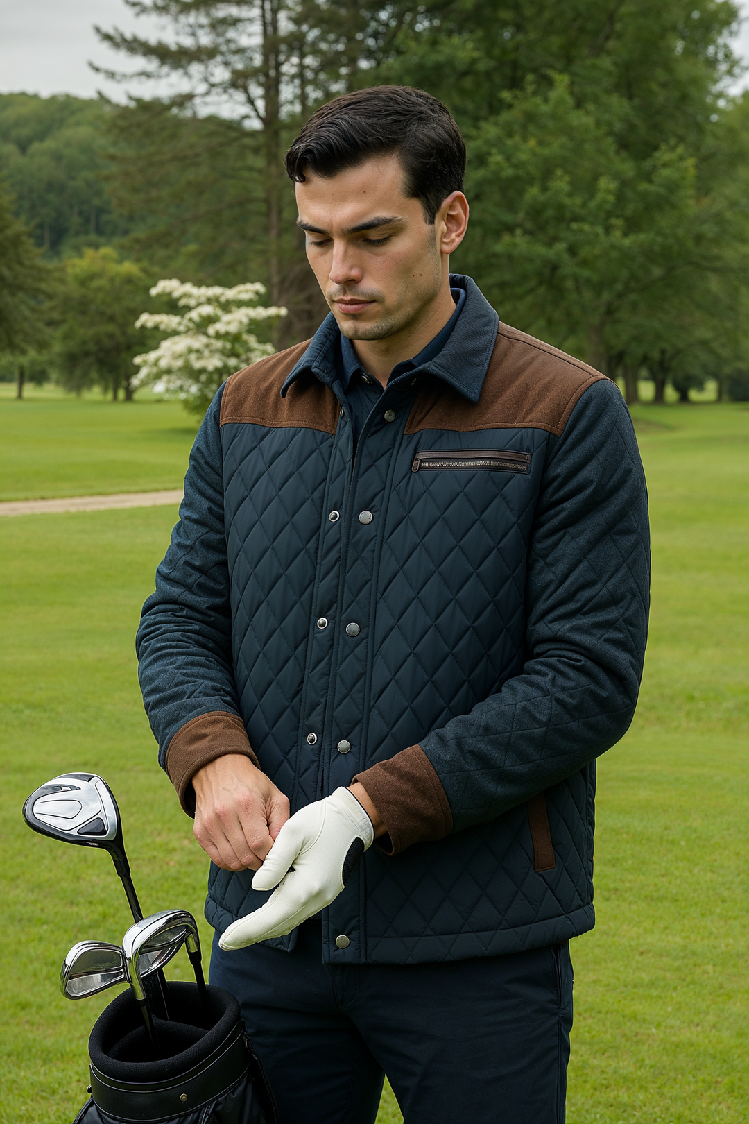 Men’s Quilted Jacket – Regular Fit – Diamond Stitching – Corduroy Shoulders – Leather Trim