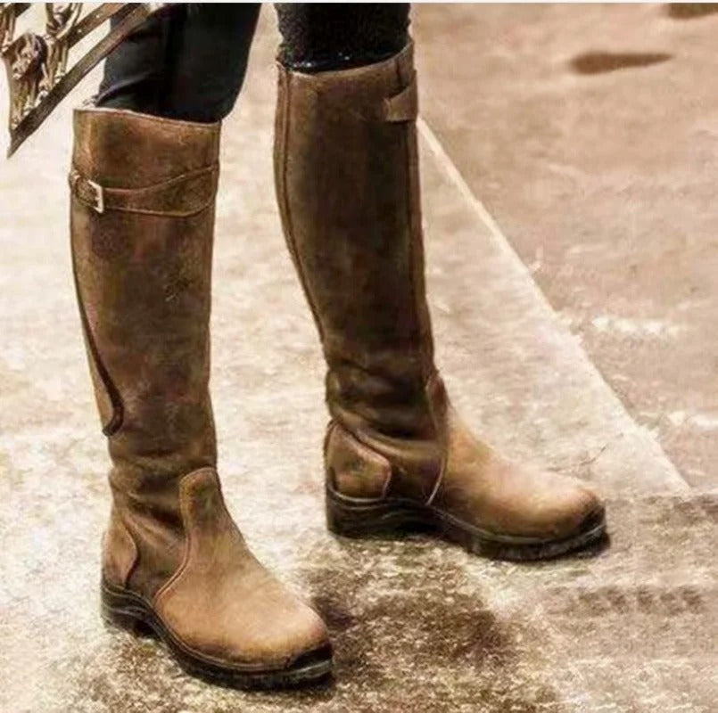 Women’s Knee High Leather Boots – Waterproof – Buckle Strap – Slip-Resistant Sole
