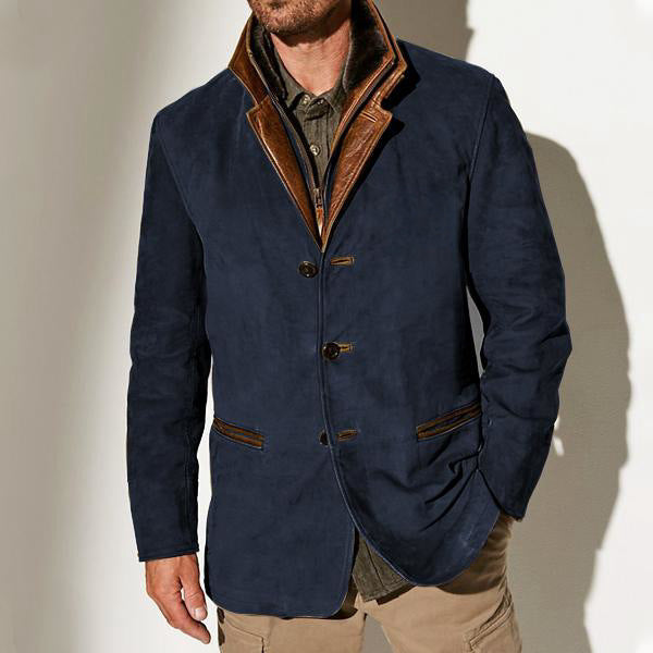 Men’s Suede Jacket – Structured Fit – Leather Trim – Classic Notched Lapel Design