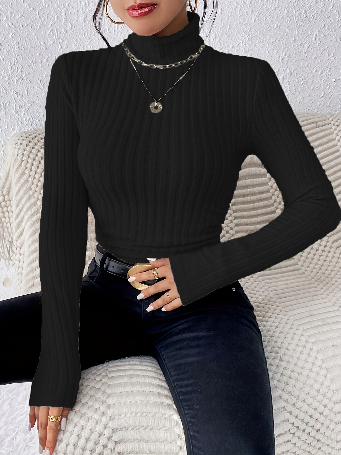 Women’s Turtleneck Sweater – Slim Fit Ribbed Knit – Soft Stretch Fabric