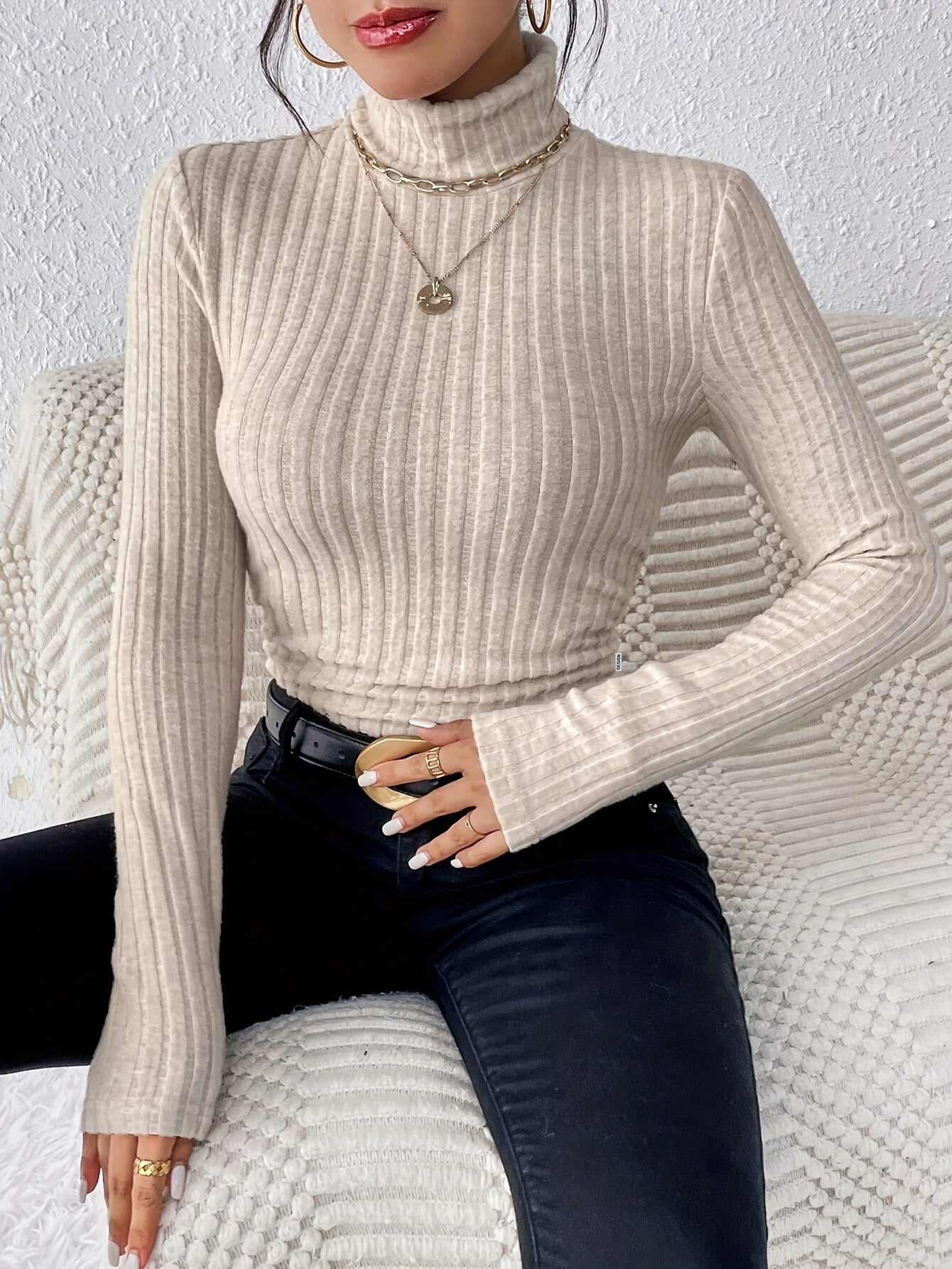 Women’s Turtleneck Sweater – Slim Fit Ribbed Knit – Soft Stretch Fabric