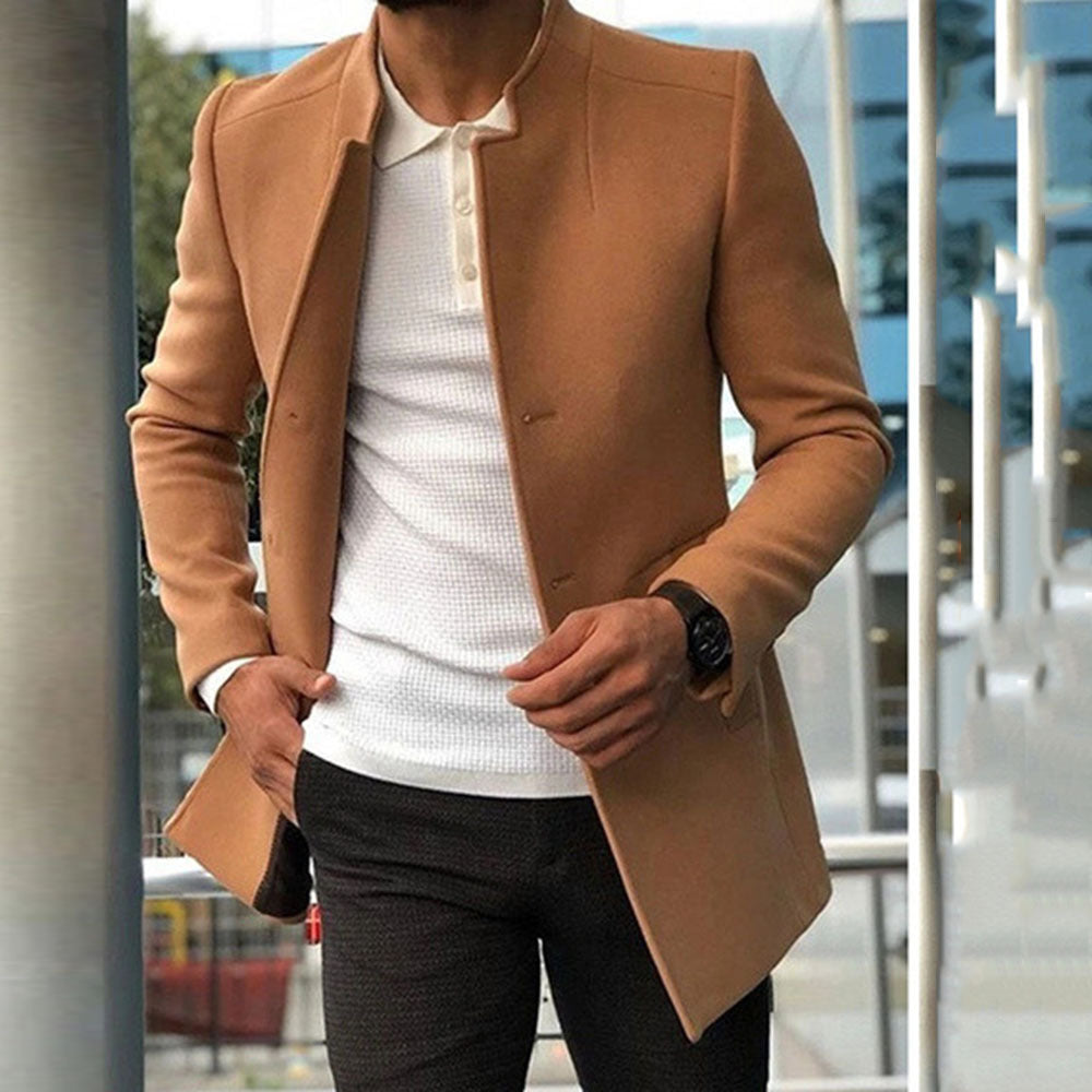 Men’s Overcoat - Tailored Fit - Stand Collar - Hidden Button Closure
