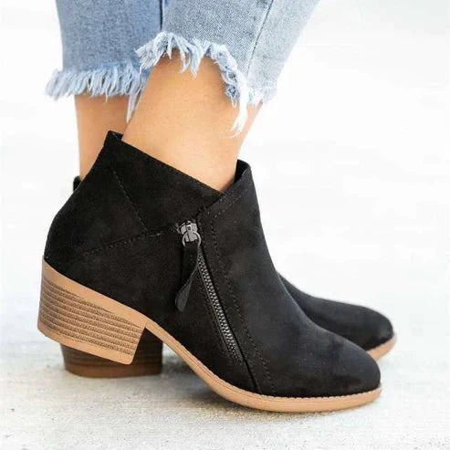 Women’s Ankle Boots – Suede-Like Finish – Side Zip – Block Heel – Structured Fit