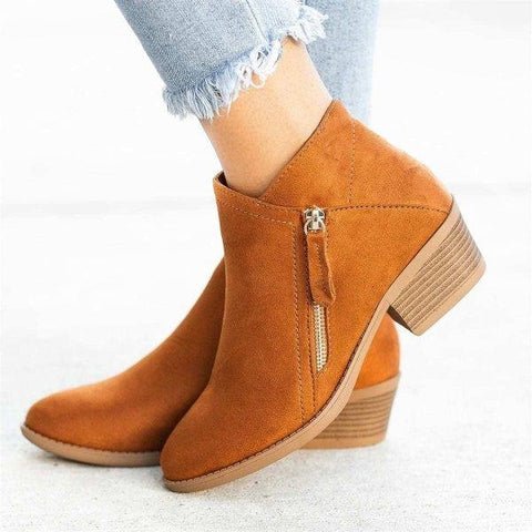 Women’s Ankle Boots – Suede-Like Finish – Side Zip – Block Heel – Structured Fit