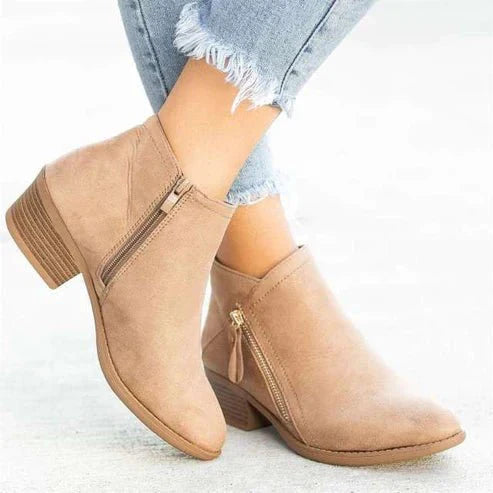 Women’s Ankle Boots – Suede-Like Finish – Side Zip – Block Heel – Structured Fit