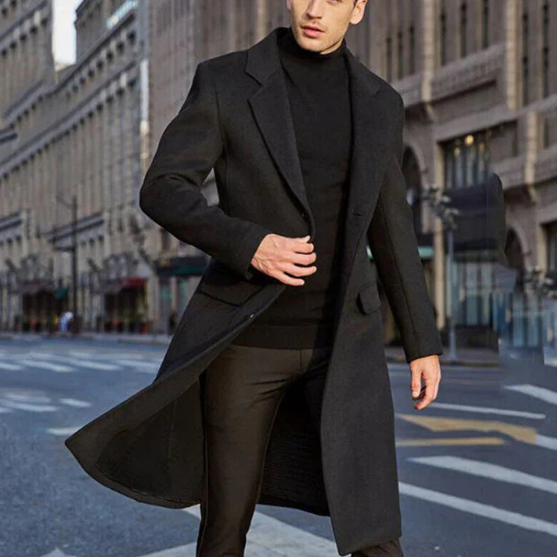 Men’s Coat – Tailored Fit – Wool Blend – Notched Lapel – Knee Length Formal Style