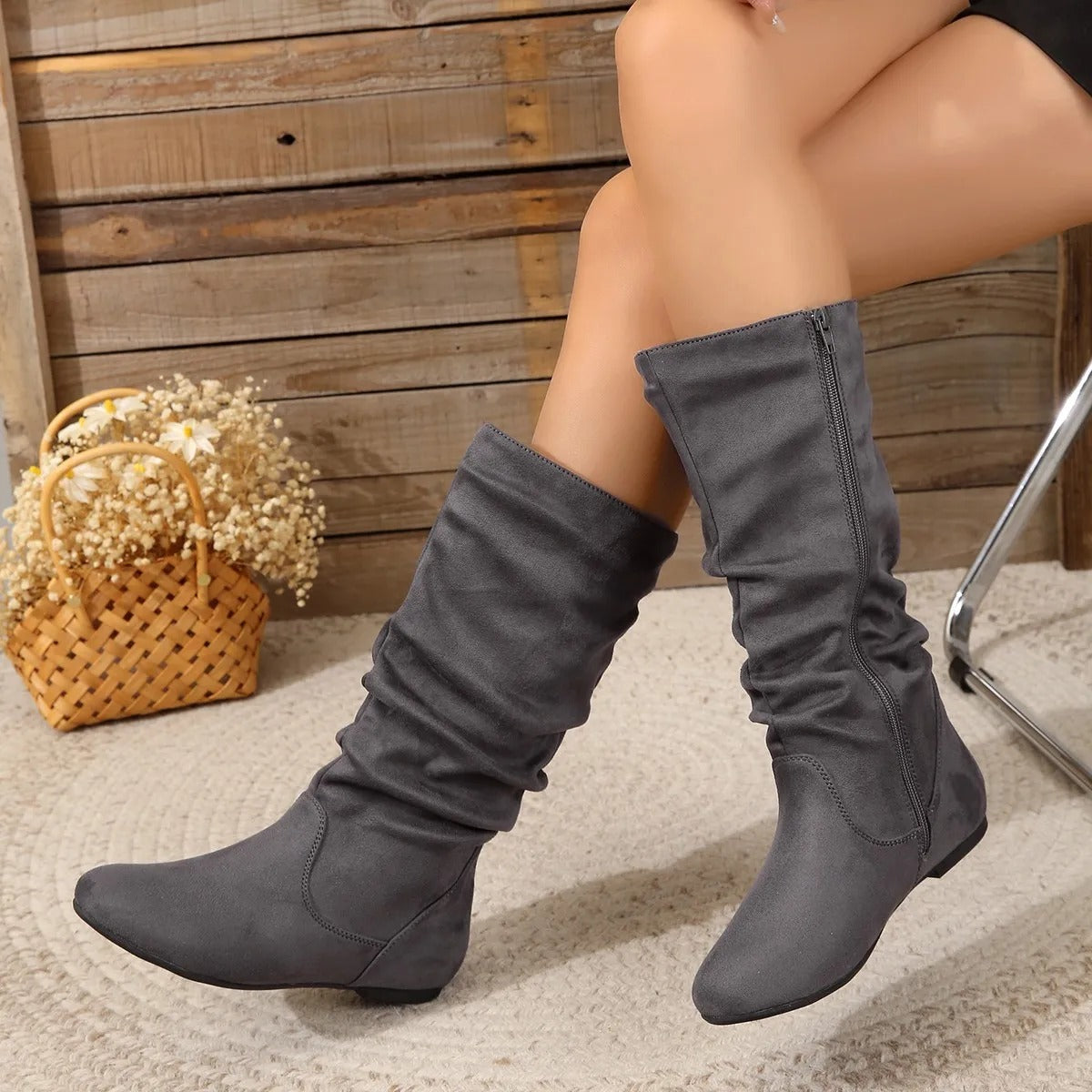 Women's Suede Mid-Calf Boots with Side Zipper – Spring 2025 Collection
