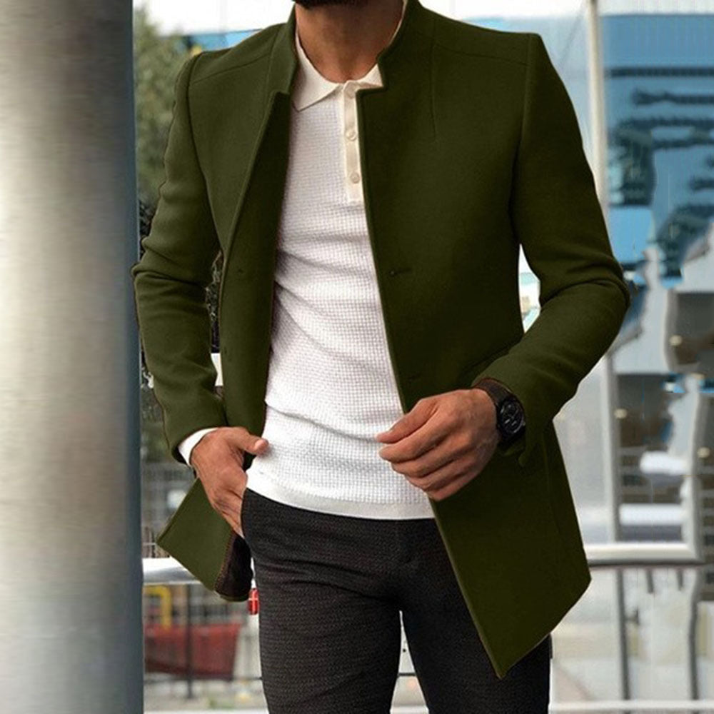 Men’s Overcoat - Tailored Fit - Stand Collar - Hidden Button Closure